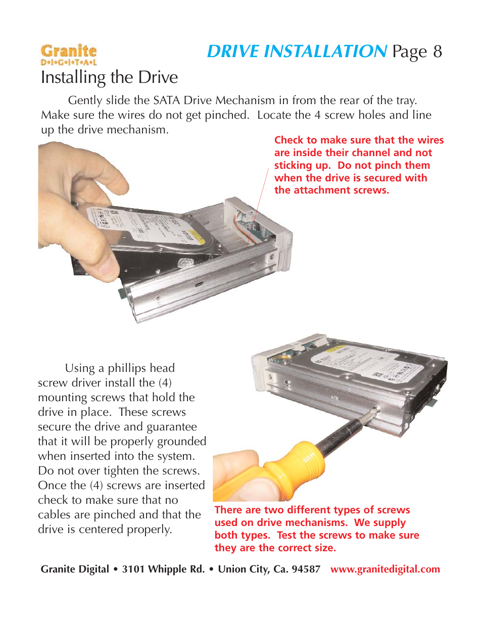 Drive installation, Page 8 installing the drive | Granite Digital SATA LCD Hot-Swap User Manual | Page 8 / 18