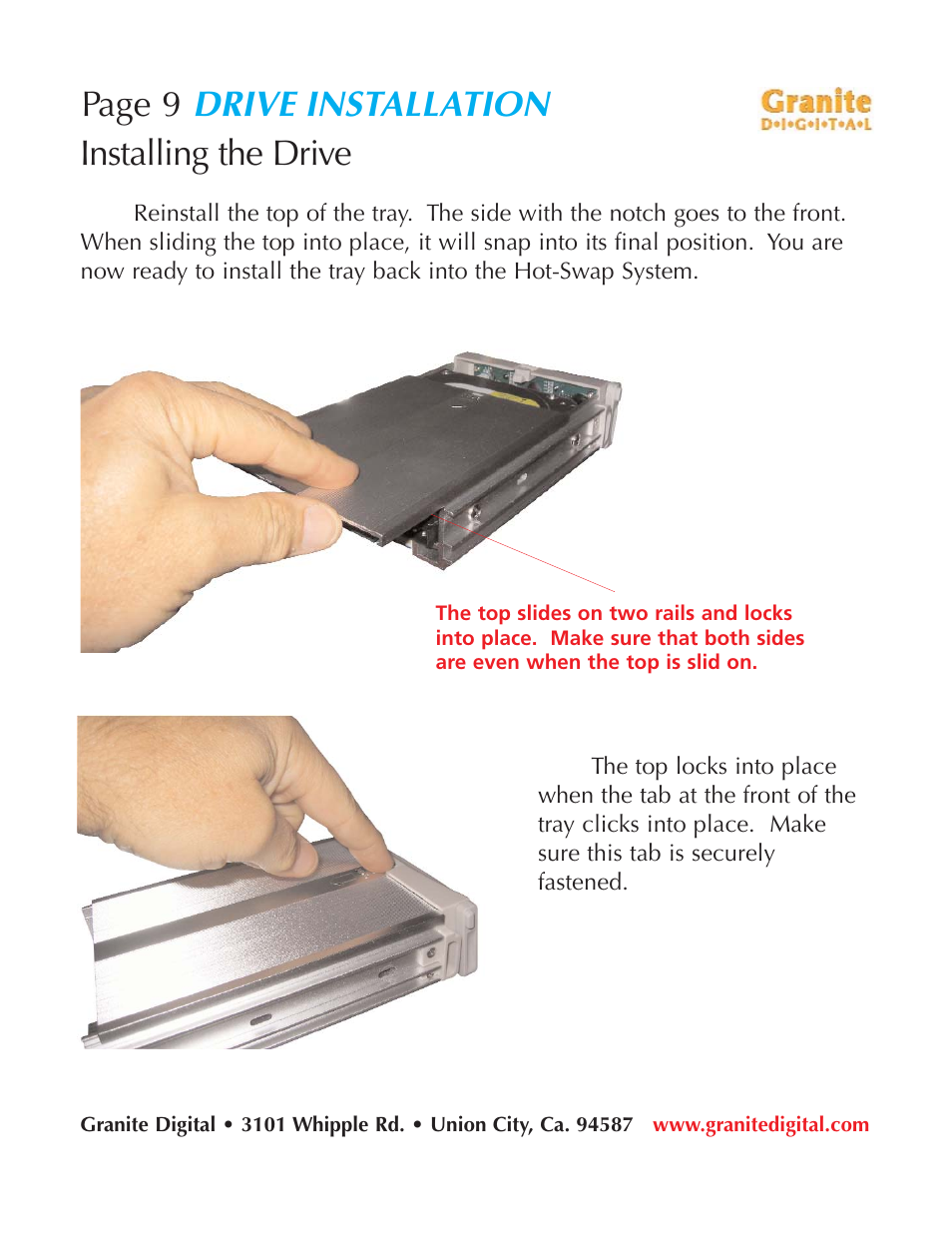 Drive installation, Page 9, Installing the drive | Granite Digital SATA LCD Hot-Swap User Manual | Page 9 / 18