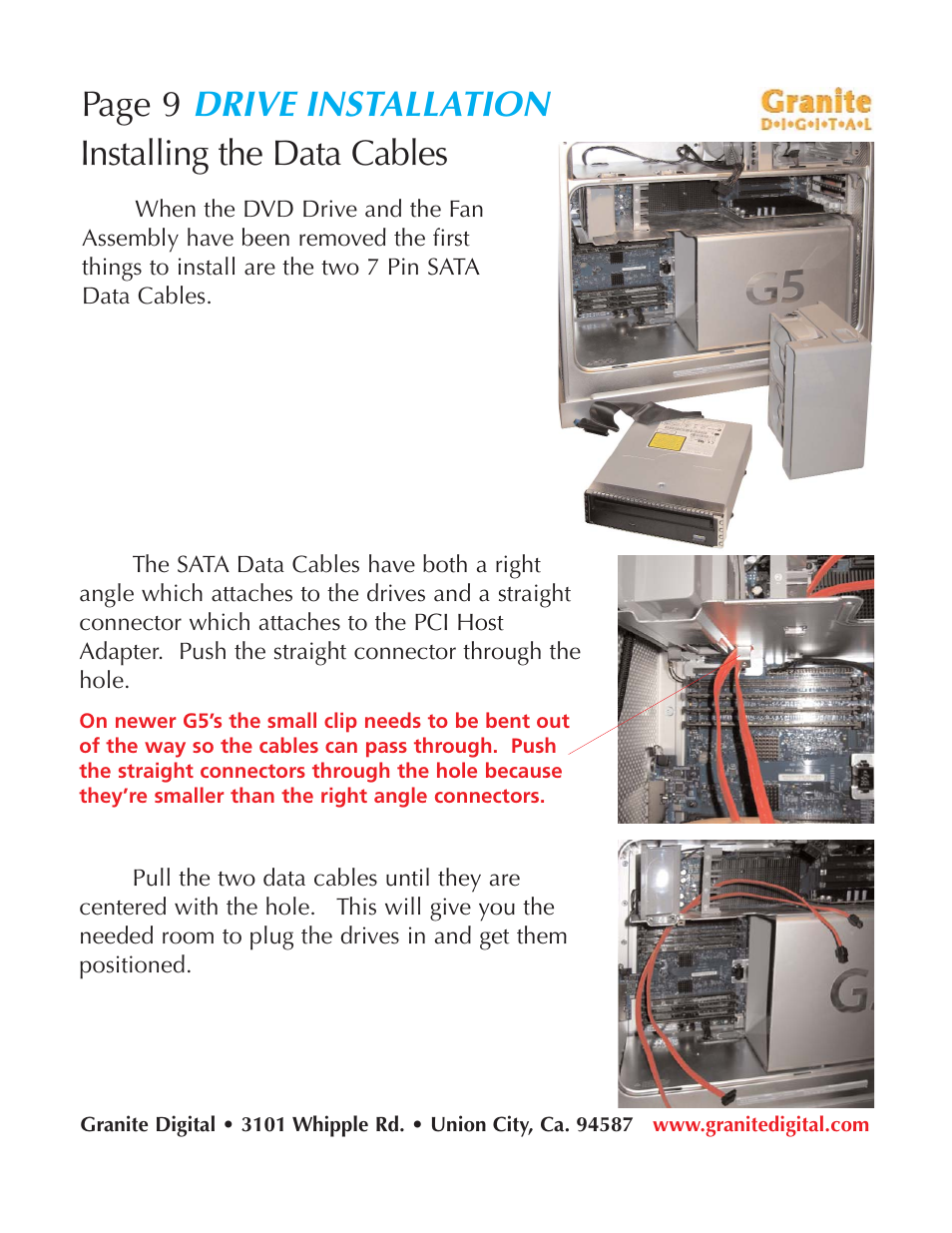 Drive installation, Page 9, Installing the data cables | Granite Digital SATA G5 Mounting Bracket Kit User Manual | Page 9 / 18