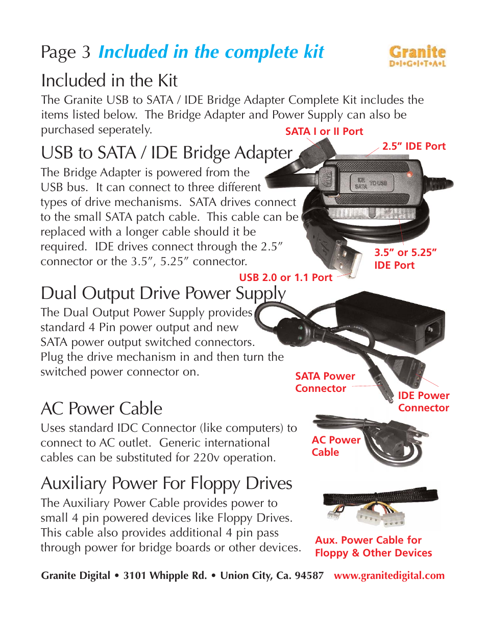 Included in the complete kit, Page 3, Included in the kit | Usb to sata / ide bridge adapter, Dual output drive power supply, Ac power cable, Auxiliary power for floppy drives | Granite Digital USB Emergency Drive User Manual | Page 3 / 16
