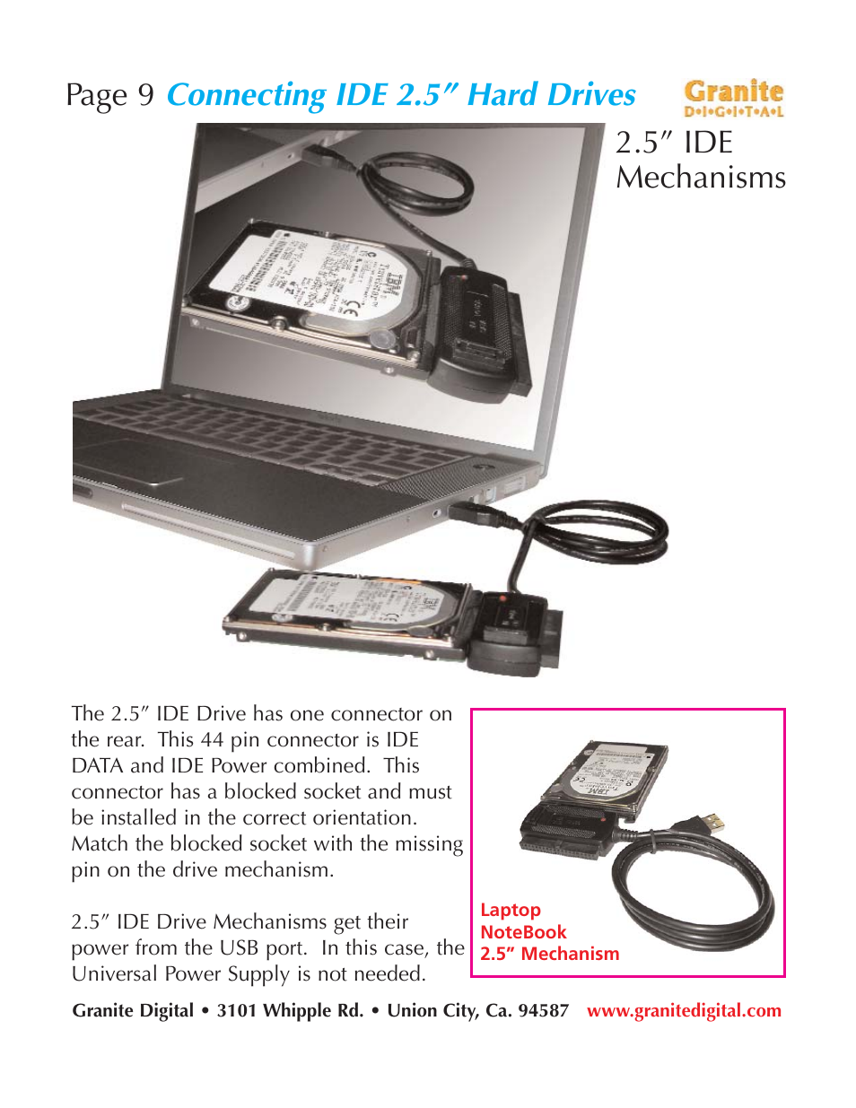 Connecting ide 2.5” hard drives, Page 9, 5” ide mechanisms | Granite Digital USB Emergency Drive User Manual | Page 9 / 16