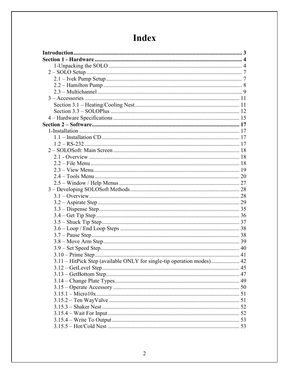 Index | Hudson Robotics SOLO User Manual | Page 2 / 54