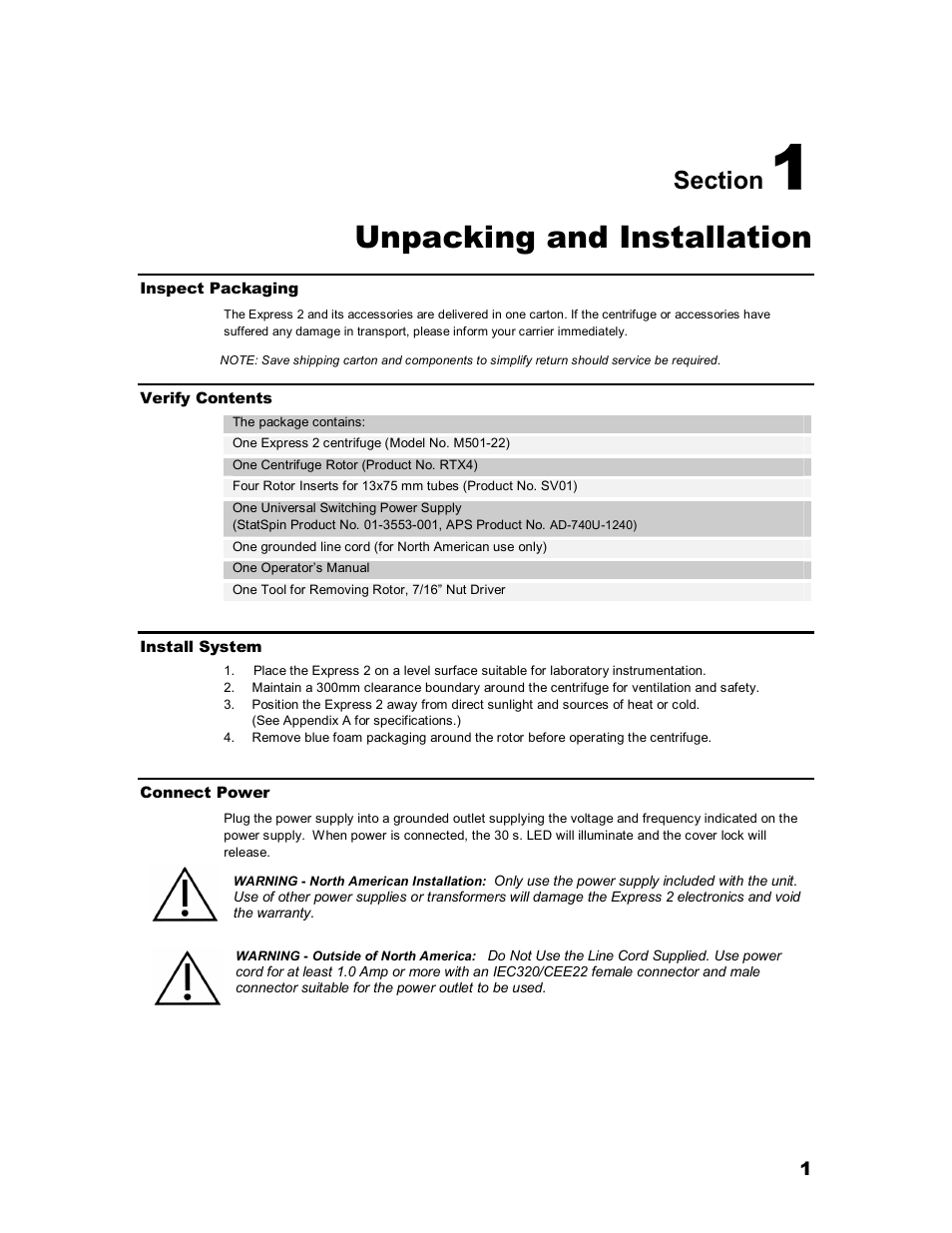 Unpacking and installation | Iris Sample Processing StatSpin® Express 2 Primary Tube Centrifuge User Manual | Page 5 / 15
