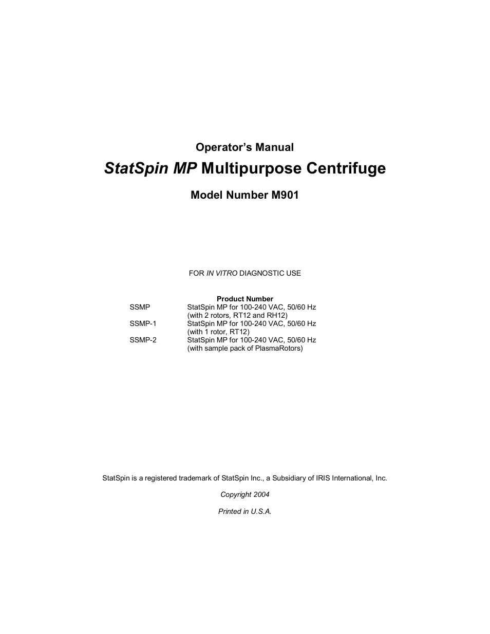 Statspin mp multipurpose centrifuge | Iris Sample Processing Statspin® MP Multipurpose Centrifuge User Manual | Page 2 / 19