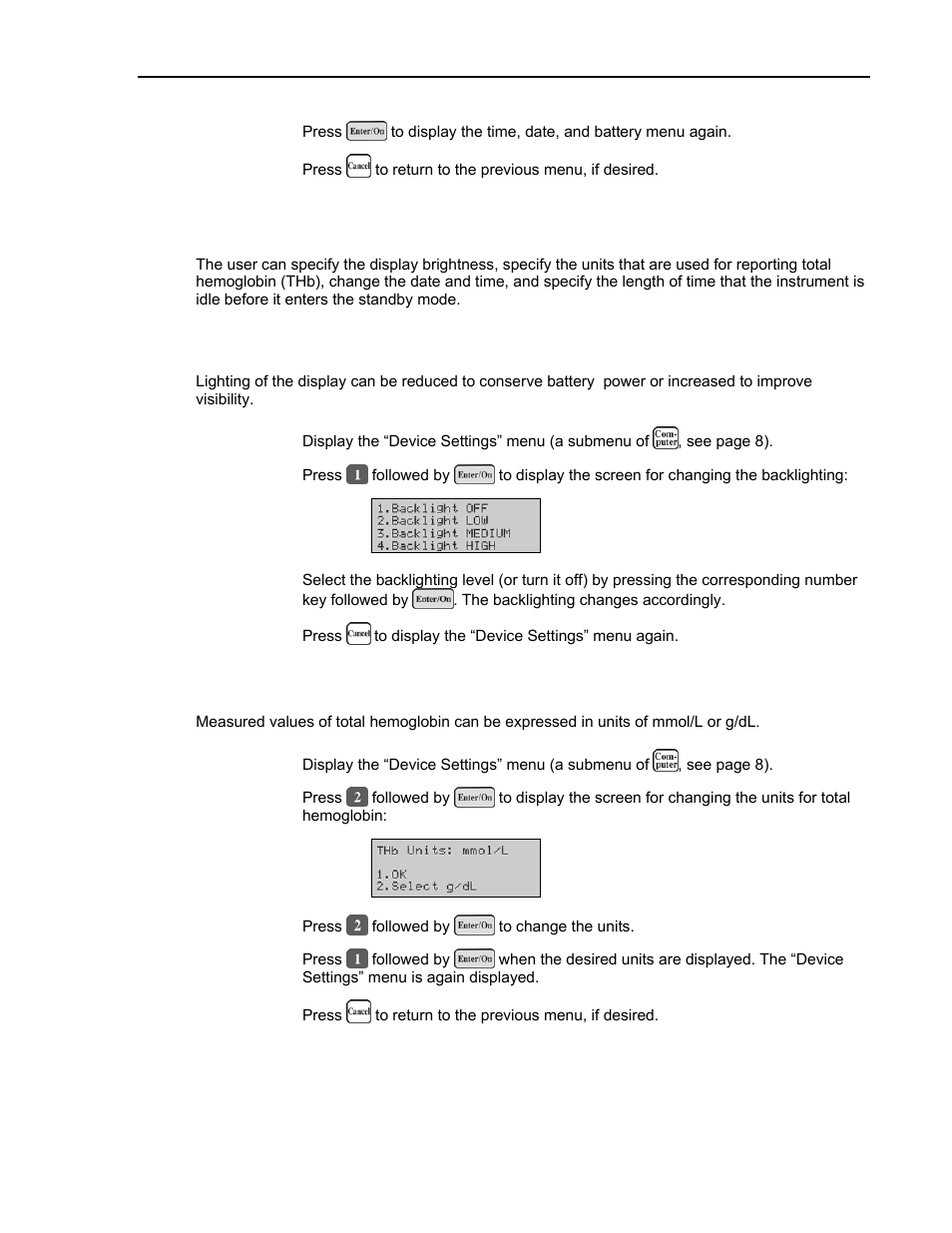 Setting up the instrument, Setting display backlighting, Specifying units for total hemoglobin (thb) | ITC Avoximeter 1000E Whole Blood Oximeter User Manual | Page 21 / 82