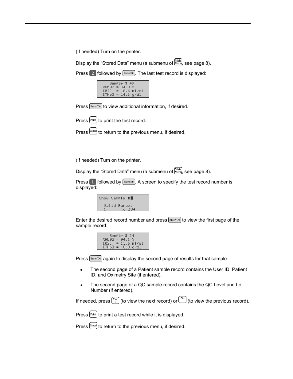 Reviewing and/or printing the last sample, Locating, reviewing, and/or printing any sample | ITC Avoximeter 1000E Whole Blood Oximeter User Manual | Page 38 / 82