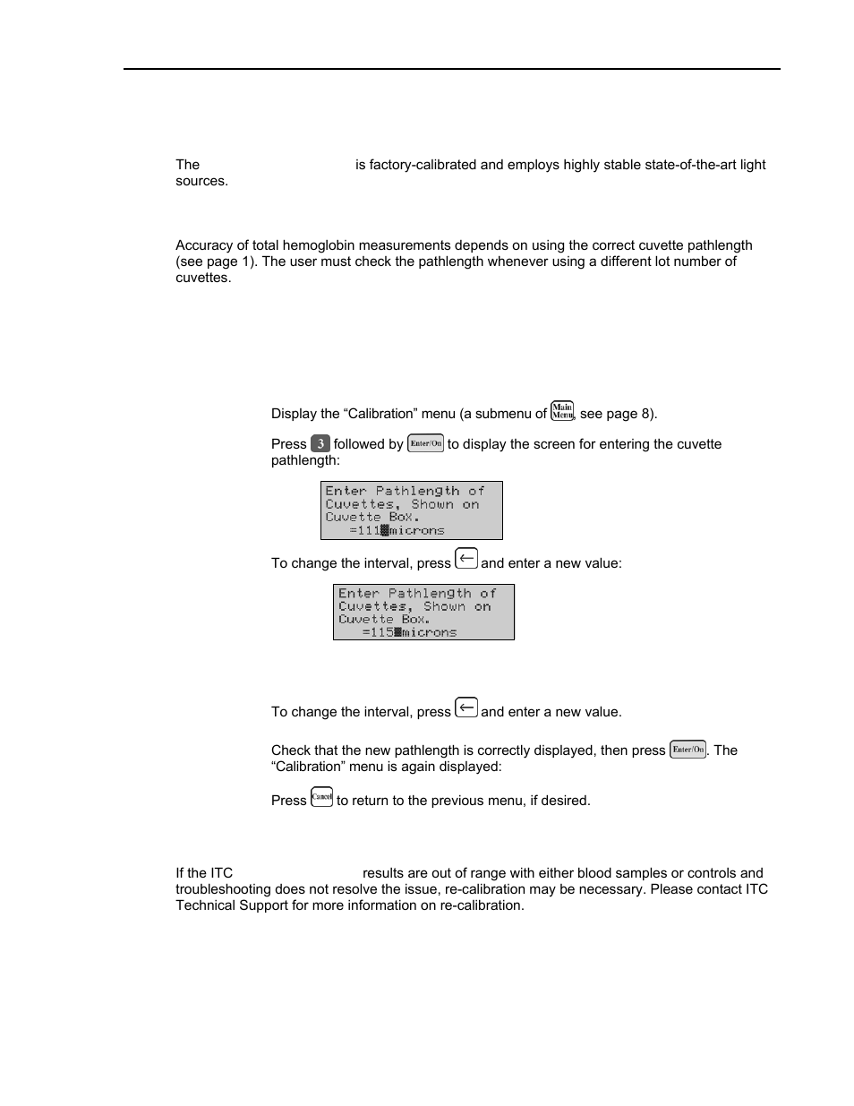 Calibration, Cuvette pathlength, Re-calibration | ITC Avoximeter 1000E Whole Blood Oximeter User Manual | Page 45 / 82