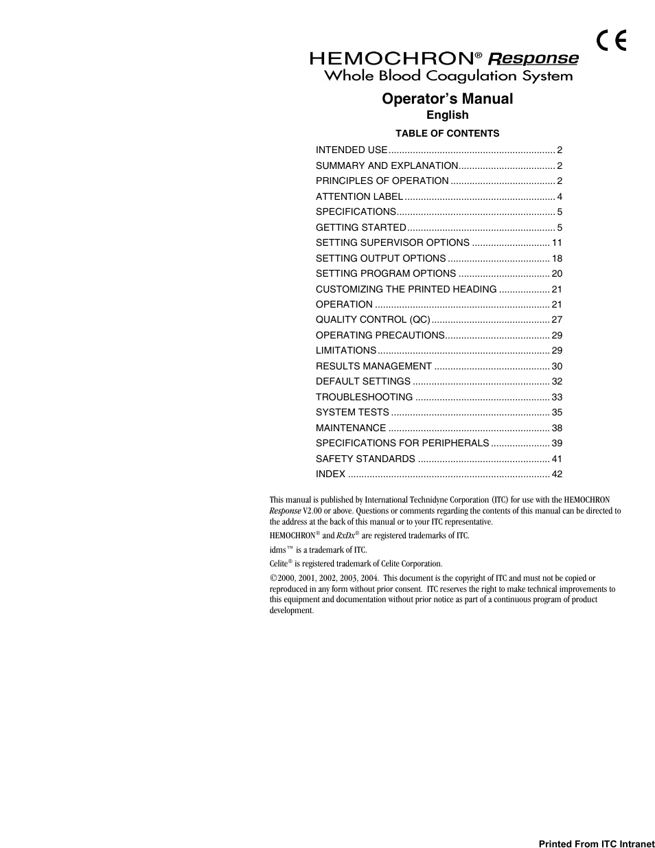 ITC Hemochron Response Whole Blood Coagulation System User Manual | 44 pages