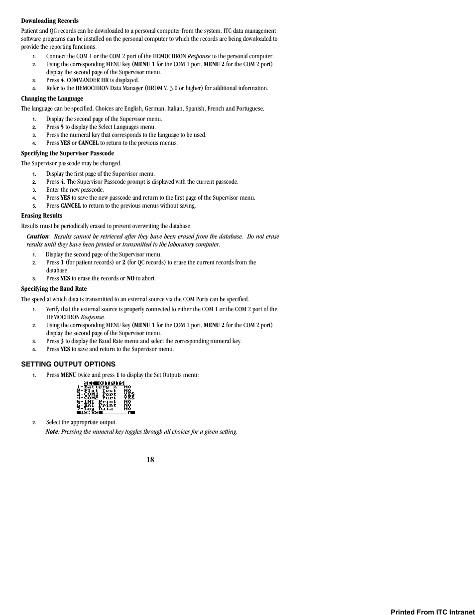 Setting output options | ITC Hemochron Response Whole Blood Coagulation System User Manual | Page 18 / 44