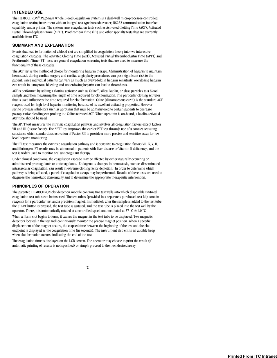 Intended use, Summary and explanation, Principles of operation | ITC Hemochron Response Whole Blood Coagulation System User Manual | Page 2 / 44