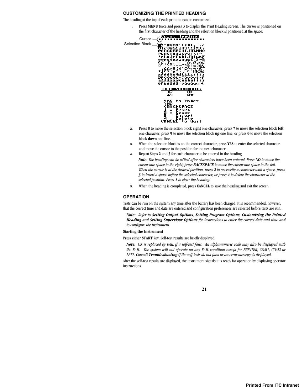 Customizing the printed heading, Operation | ITC Hemochron Response Whole Blood Coagulation System User Manual | Page 21 / 44