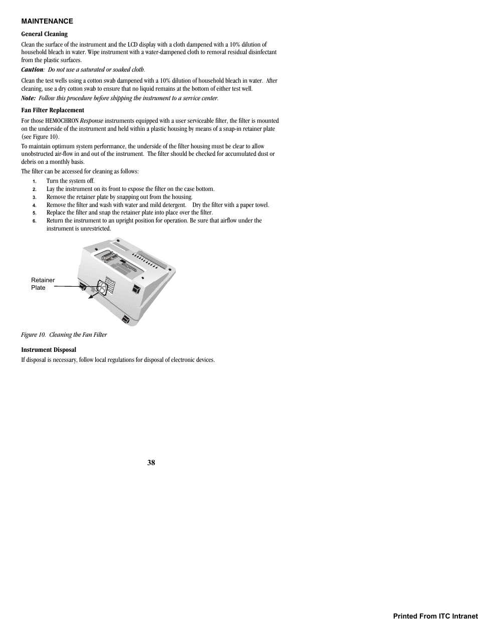 Maintenance | ITC Hemochron Response Whole Blood Coagulation System User Manual | Page 38 / 44