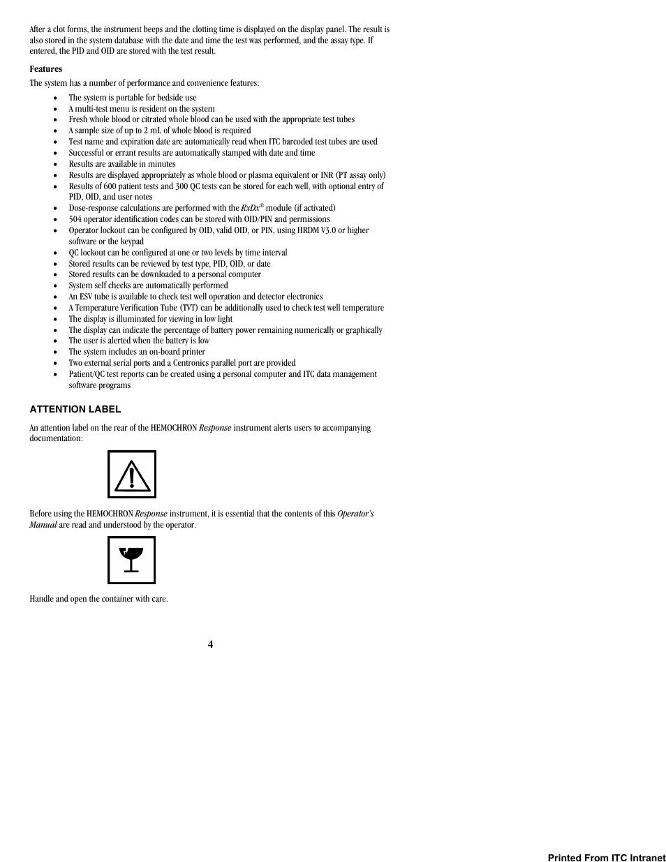 Attention label | ITC Hemochron Response Whole Blood Coagulation System User Manual | Page 4 / 44