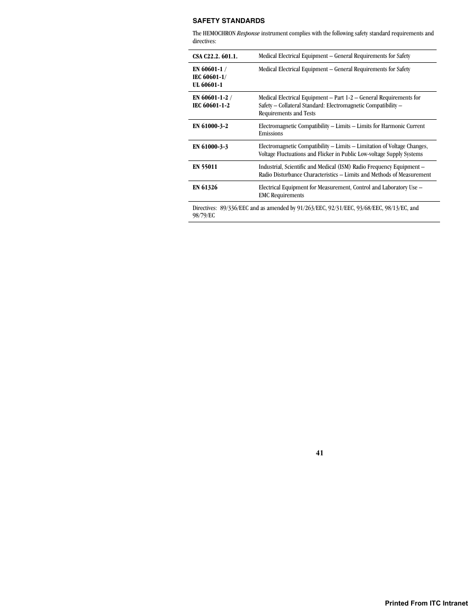 Safety standards | ITC Hemochron Response Whole Blood Coagulation System User Manual | Page 41 / 44