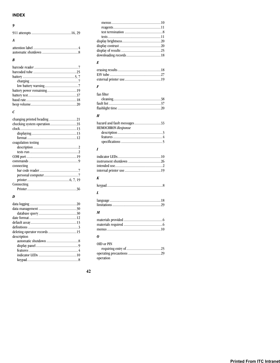 Index | ITC Hemochron Response Whole Blood Coagulation System User Manual | Page 42 / 44