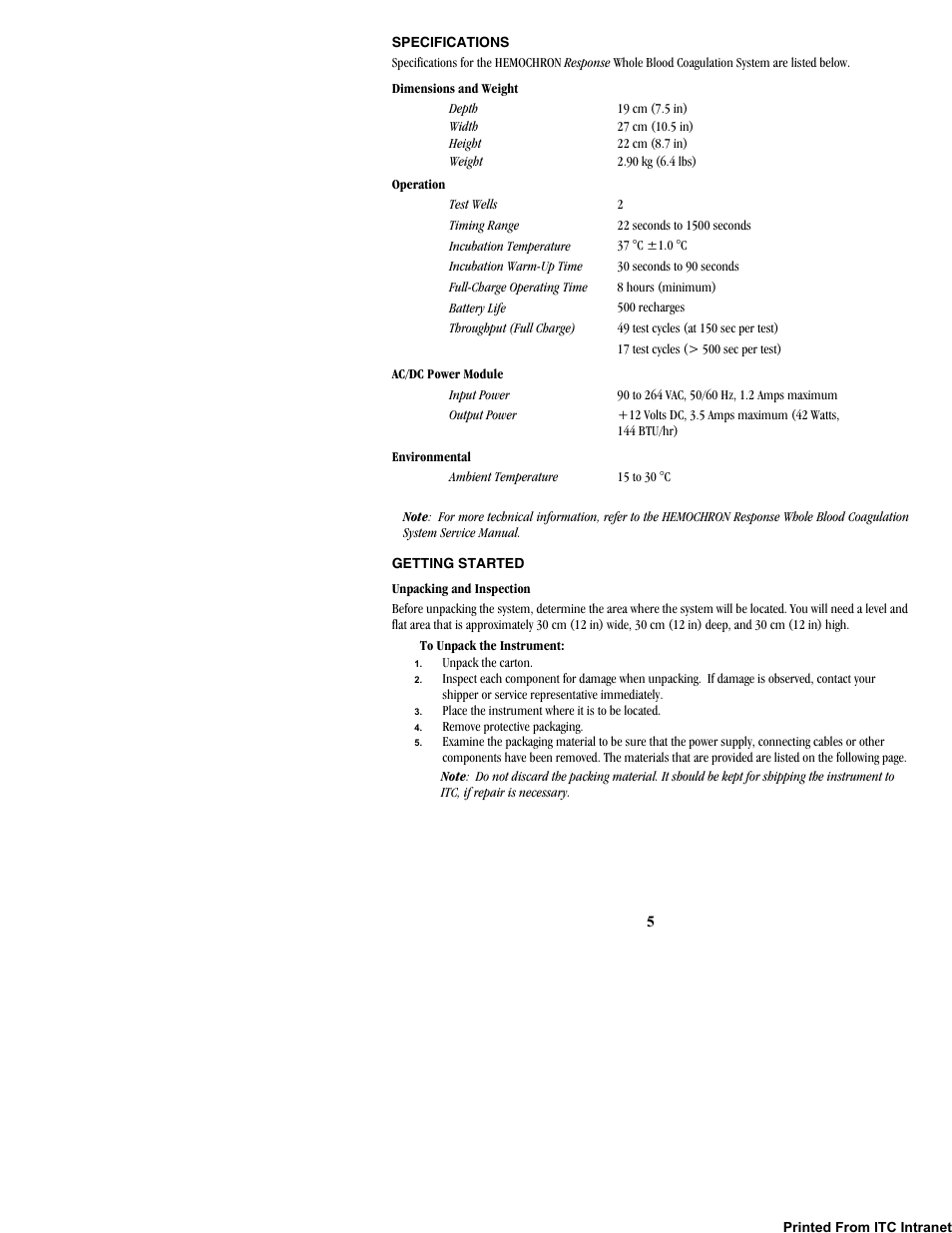 Specifications, Getting started | ITC Hemochron Response Whole Blood Coagulation System User Manual | Page 5 / 44