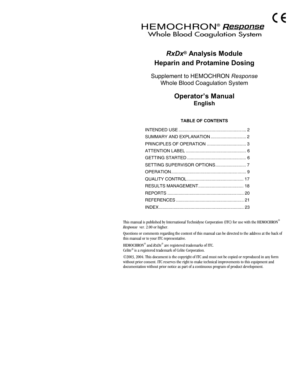 ITC Hemochron Response Whole Blood Coagulation System User Manual | 24 pages