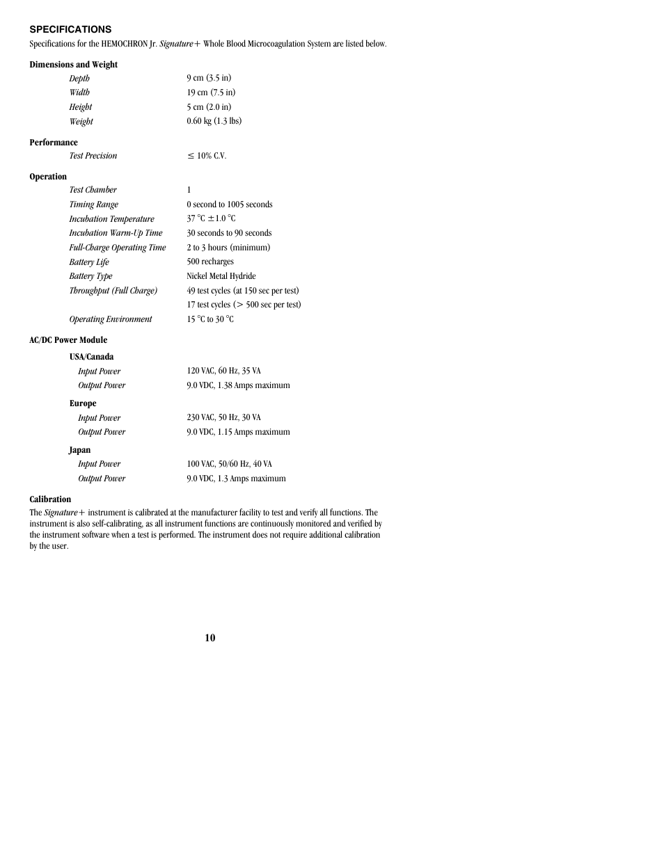 Specifications | ITC Hemochron Signature+ Whole Blood Microcoagulation System User Manual | Page 10 / 52