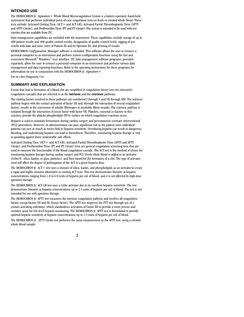 Intended use, Summary and explanation | ITC Hemochron Signature+ Whole Blood Microcoagulation System User Manual | Page 2 / 52