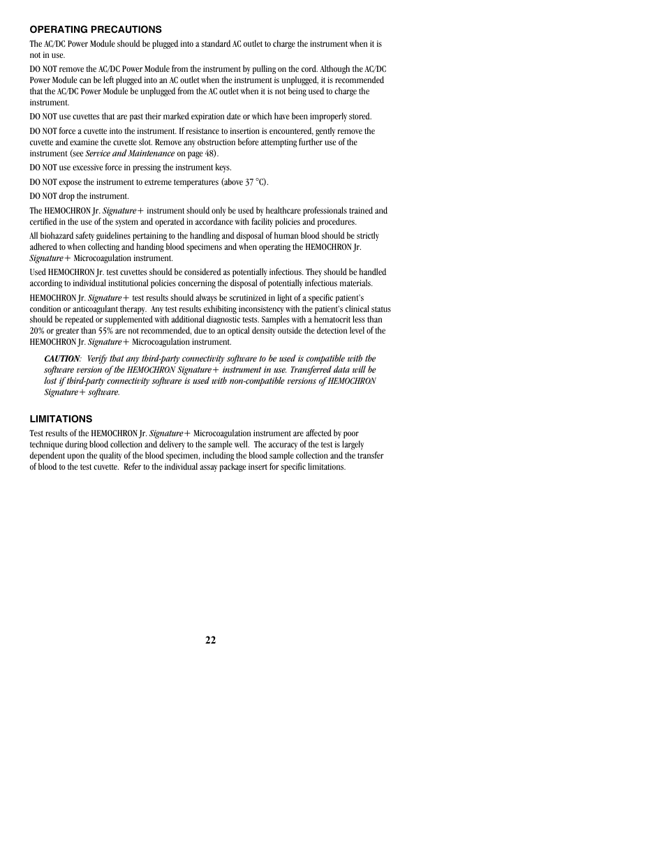 Operating precautions, Limitations | ITC Hemochron Signature+ Whole Blood Microcoagulation System User Manual | Page 22 / 52