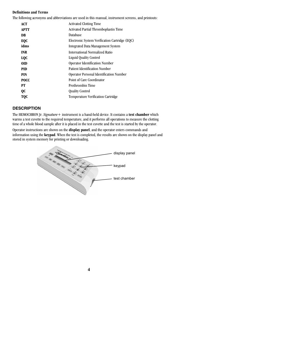 Description | ITC Hemochron Signature+ Whole Blood Microcoagulation System User Manual | Page 4 / 52