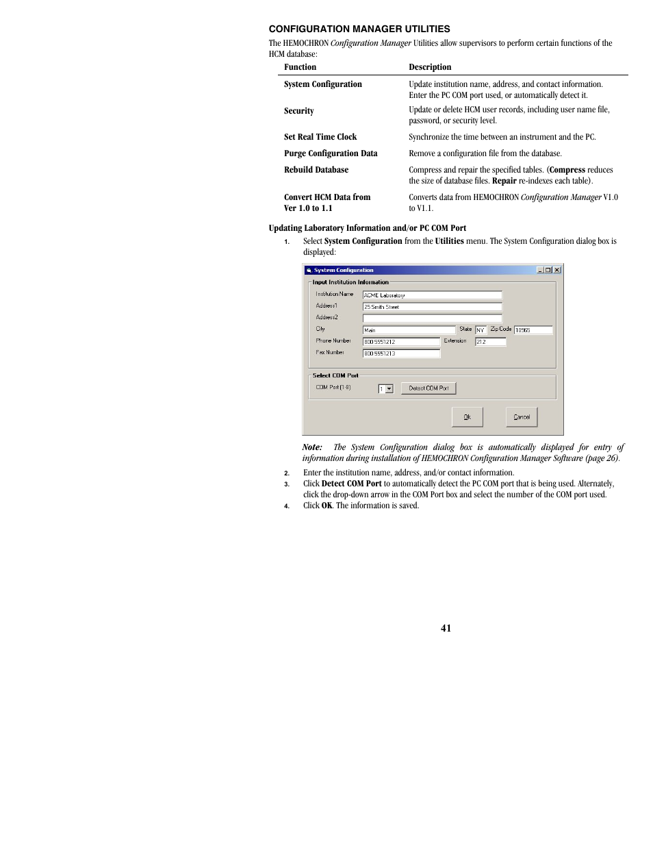 Configuration manager utilities, 41) is displayed for entry of | ITC Hemochron Signature+ Whole Blood Microcoagulation System User Manual | Page 41 / 52