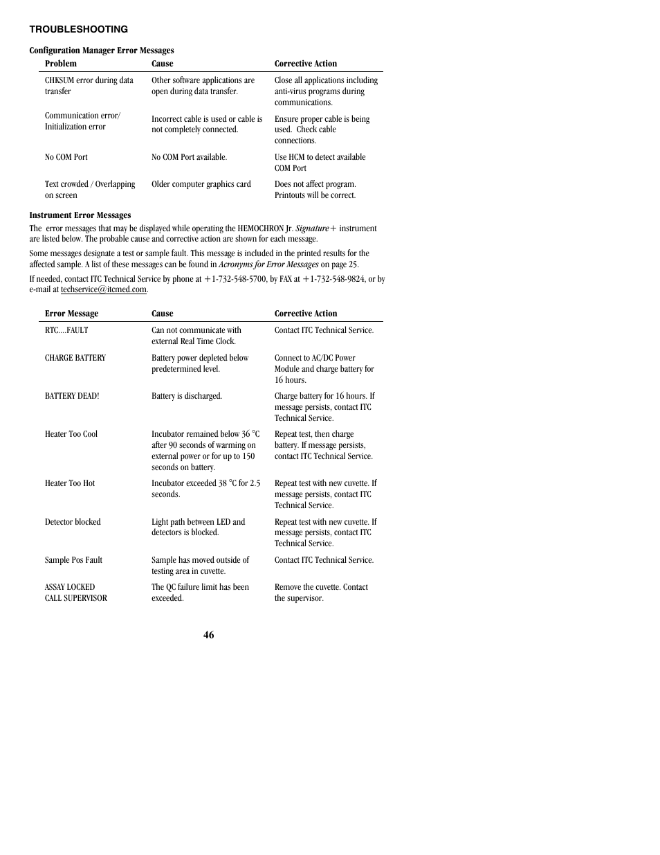 Troubleshooting | ITC Hemochron Signature+ Whole Blood Microcoagulation System User Manual | Page 46 / 52