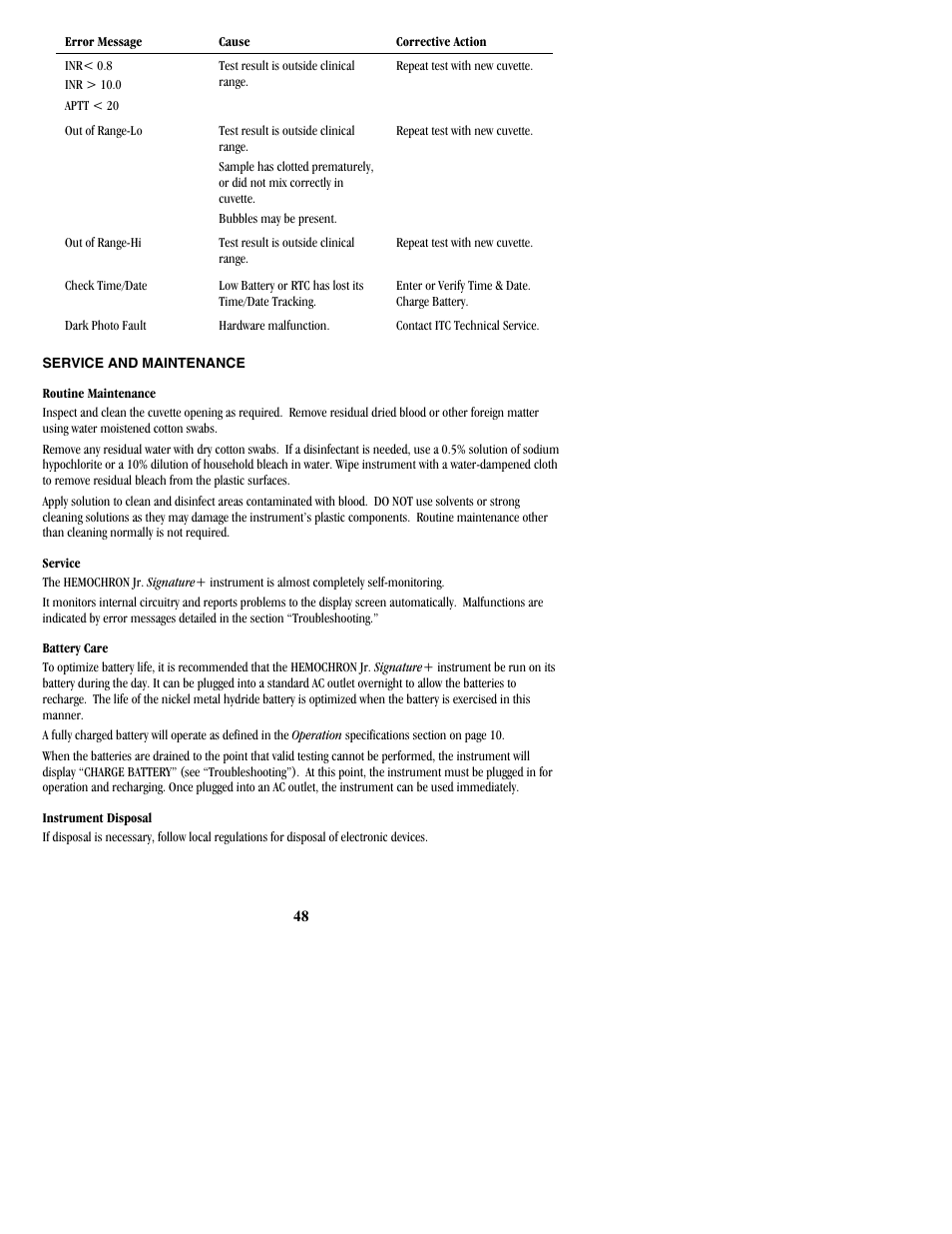 Service and maintenance | ITC Hemochron Signature+ Whole Blood Microcoagulation System User Manual | Page 48 / 52