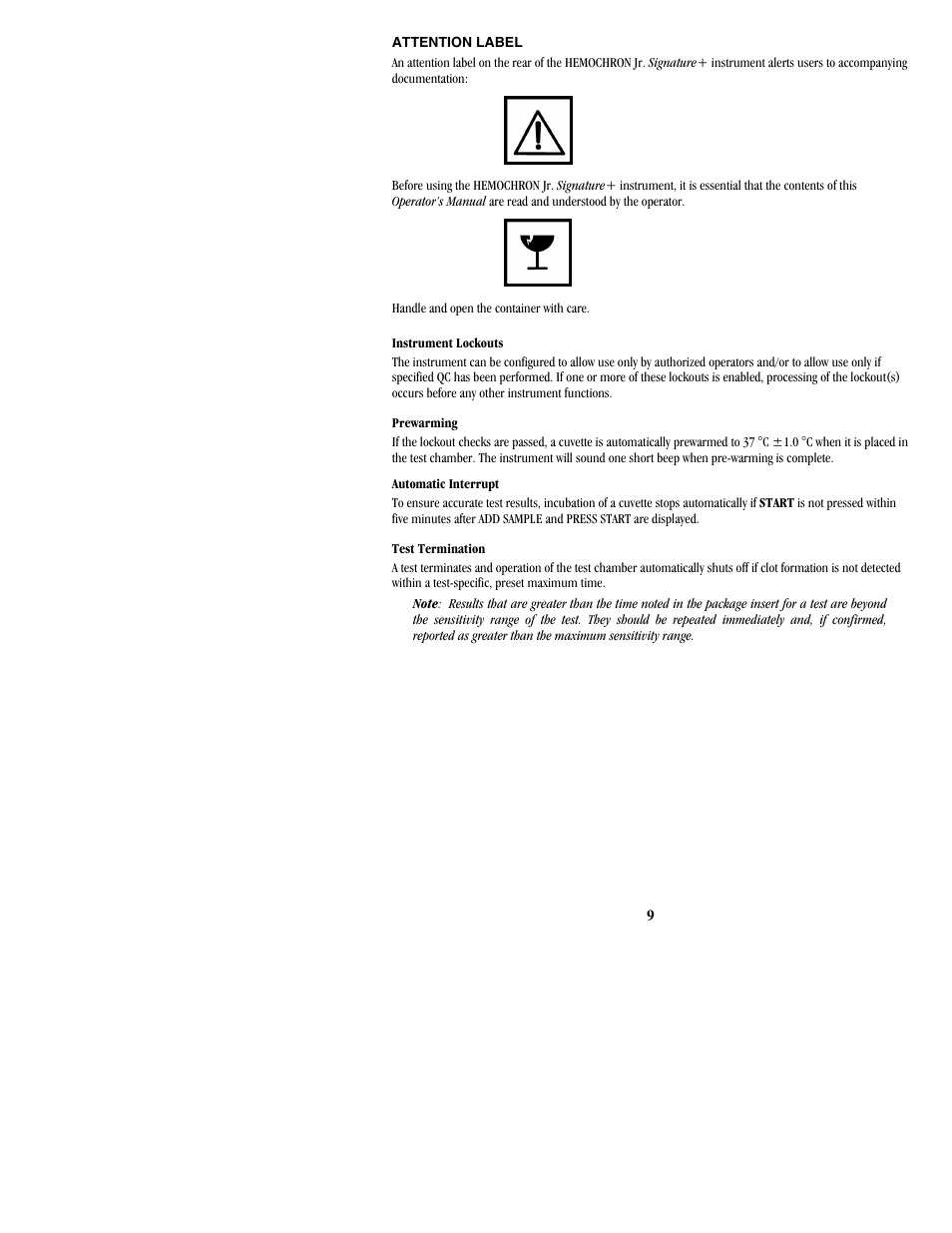 Attention label | ITC Hemochron Signature+ Whole Blood Microcoagulation System User Manual | Page 9 / 52