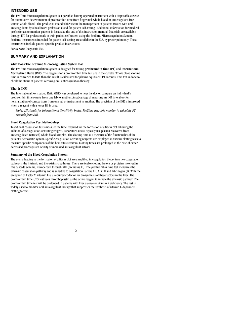 Intended use, Summary and explanation | ITC ProTime Microcoagulation System User Manual | Page 2 / 40