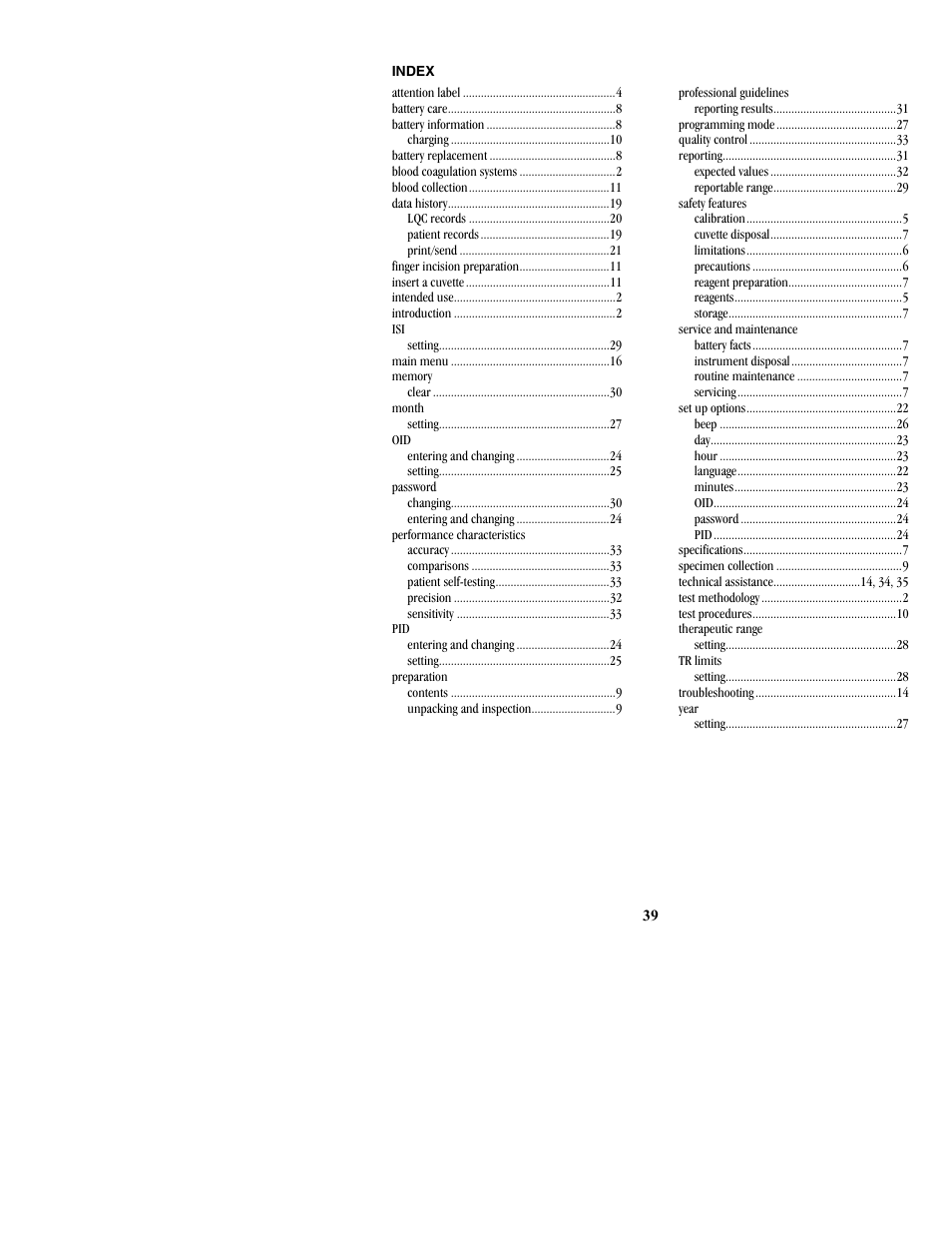Index | ITC ProTime Microcoagulation System User Manual | Page 39 / 40