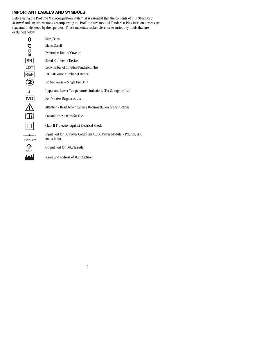 Important labels and symbols | ITC ProTime Microcoagulation System User Manual | Page 4 / 40