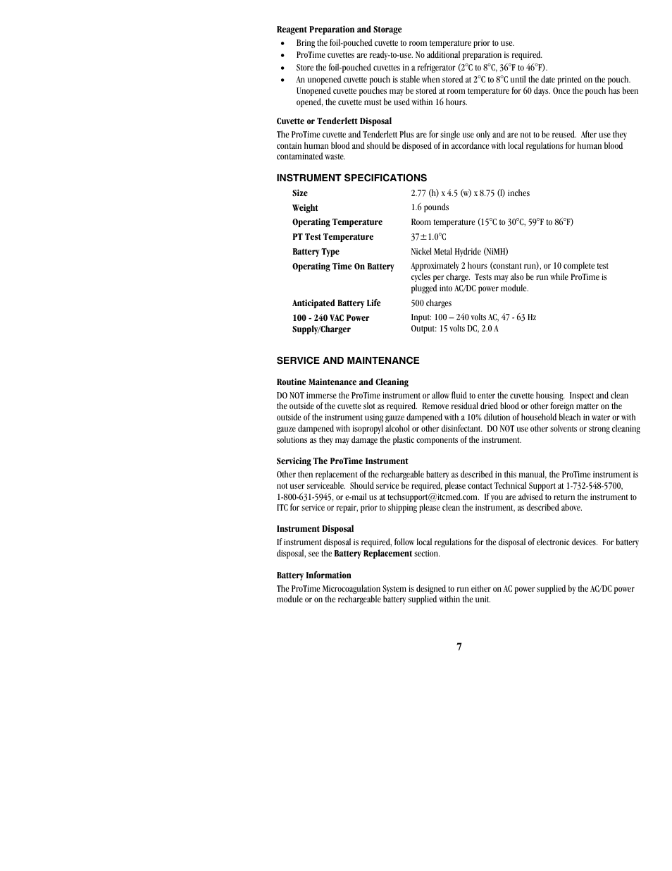 Instrument specifications, Service and maintenance | ITC ProTime Microcoagulation System User Manual | Page 7 / 40