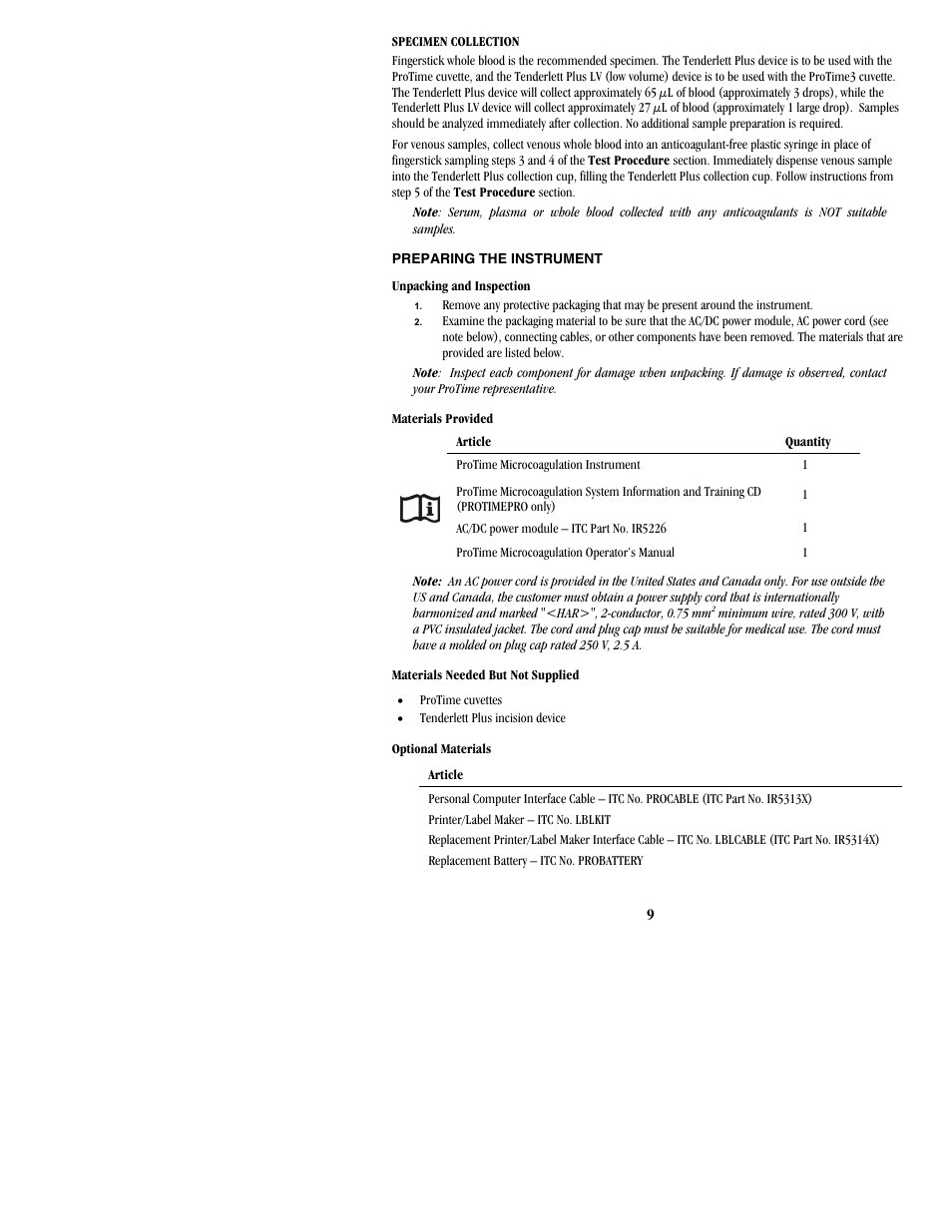 Preparing the instrument | ITC ProTime Microcoagulation System User Manual | Page 9 / 40