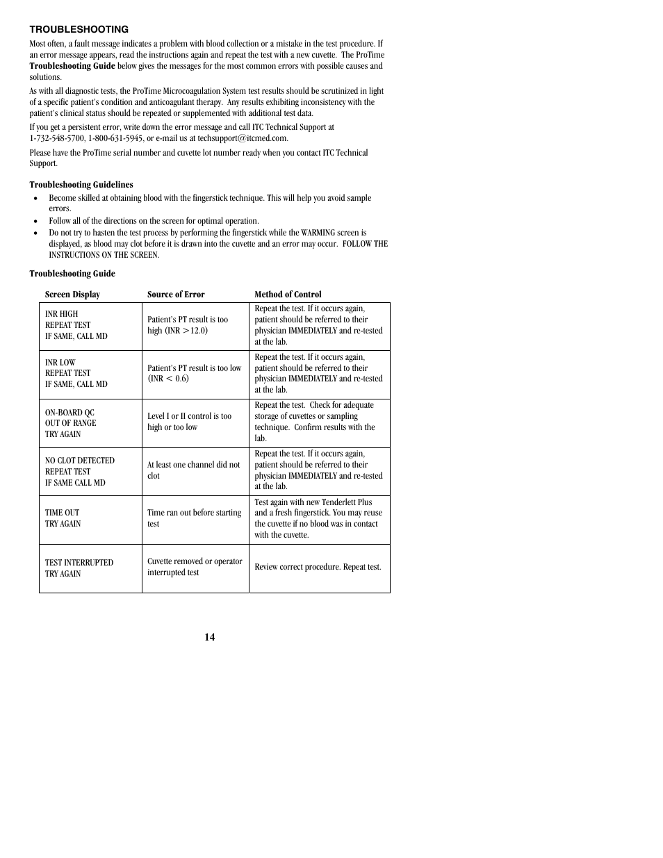 Troubleshooting | ITC ProTime Microcoagulation System User Manual | Page 14 / 36