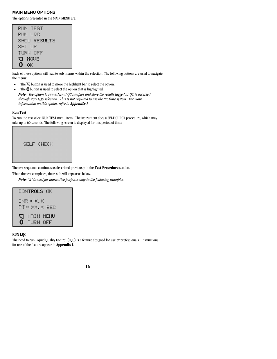 Main menu options | ITC ProTime Microcoagulation System User Manual | Page 16 / 36