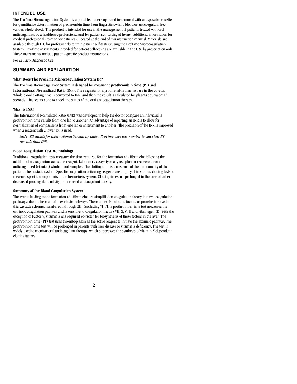 Intended use, Summary and explanation | ITC ProTime Microcoagulation System User Manual | Page 2 / 36