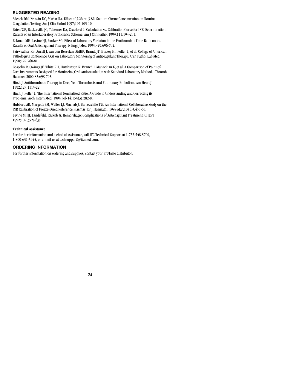 Suggested reading, Ordering information | ITC ProTime Microcoagulation System User Manual | Page 24 / 36