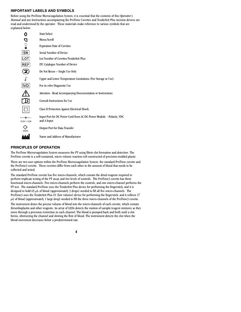 Important labels and symbols, Principles of operation | ITC ProTime Microcoagulation System User Manual | Page 4 / 36