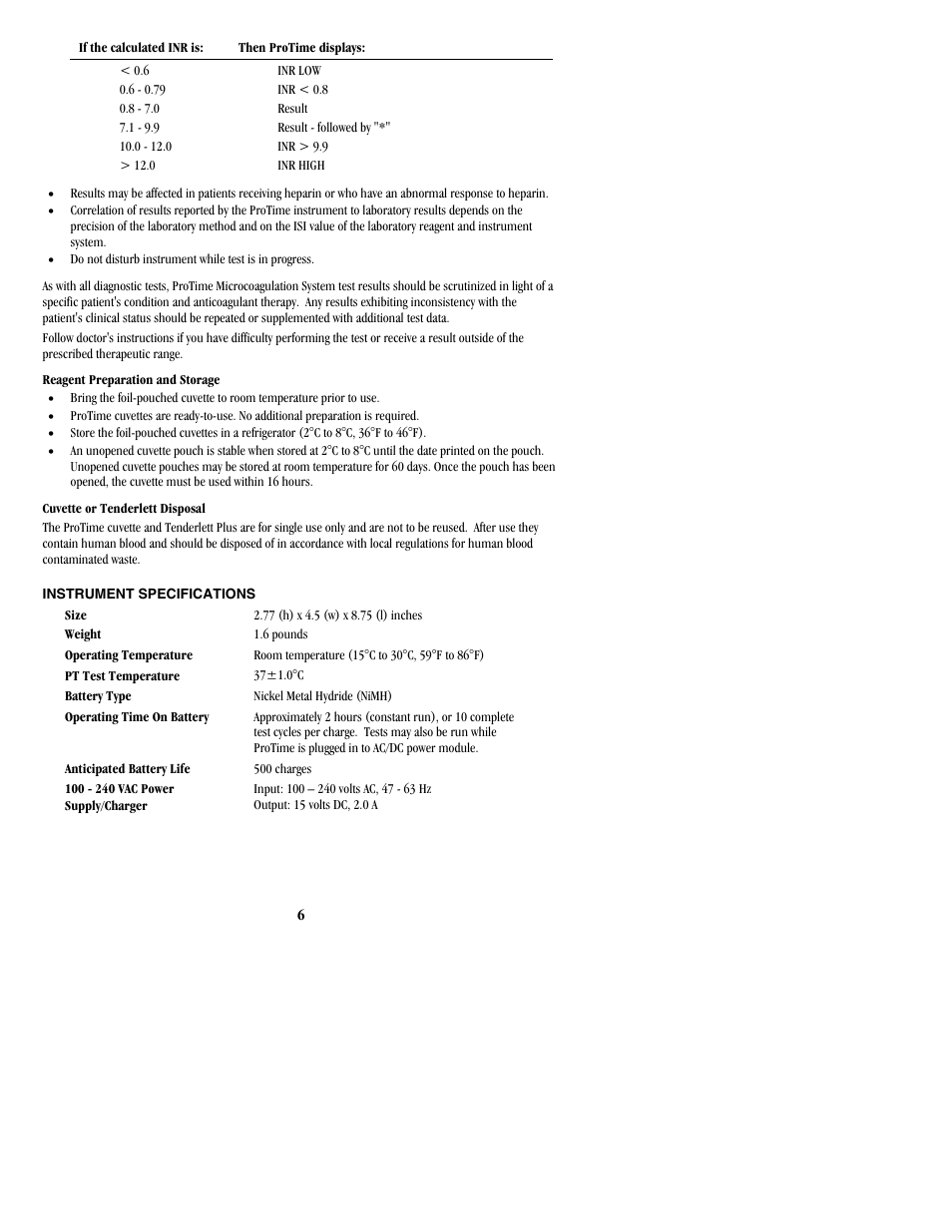 Instrument specifications | ITC ProTime Microcoagulation System User Manual | Page 6 / 36