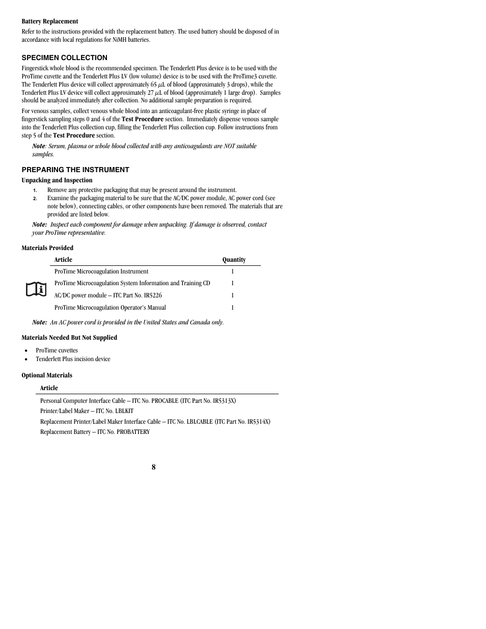 Preparing the instrument | ITC ProTime Microcoagulation System User Manual | Page 8 / 36