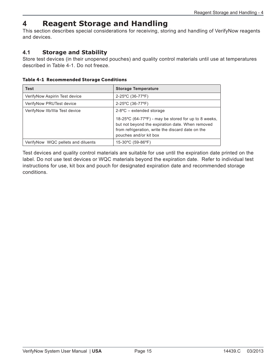 4reagent storage and handling | ITC VerifyNow System Platelet Reactivity Test User Manual | Page 19 / 104