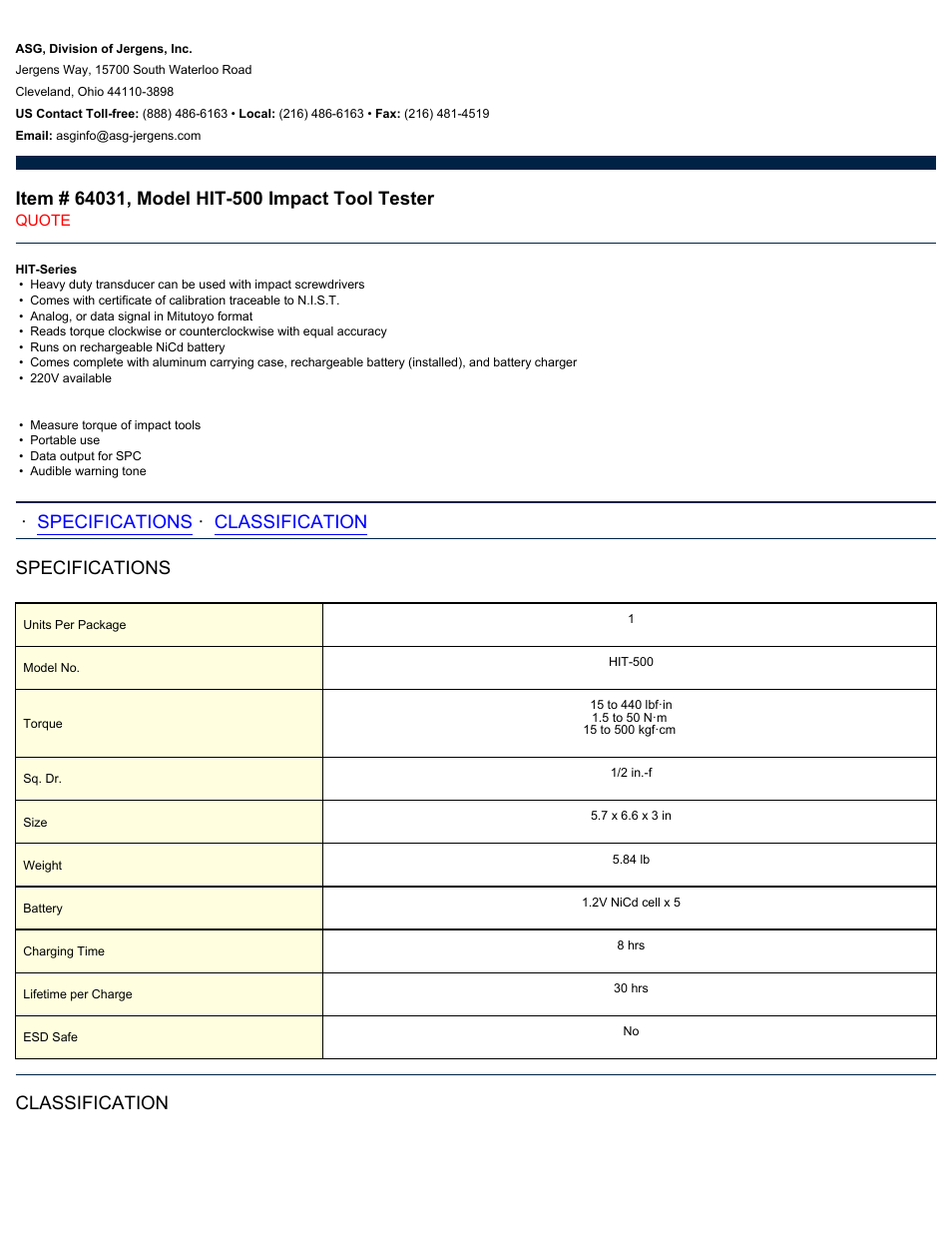 ASG Jergens 64031 HIT-500 User Manual | 2 pages