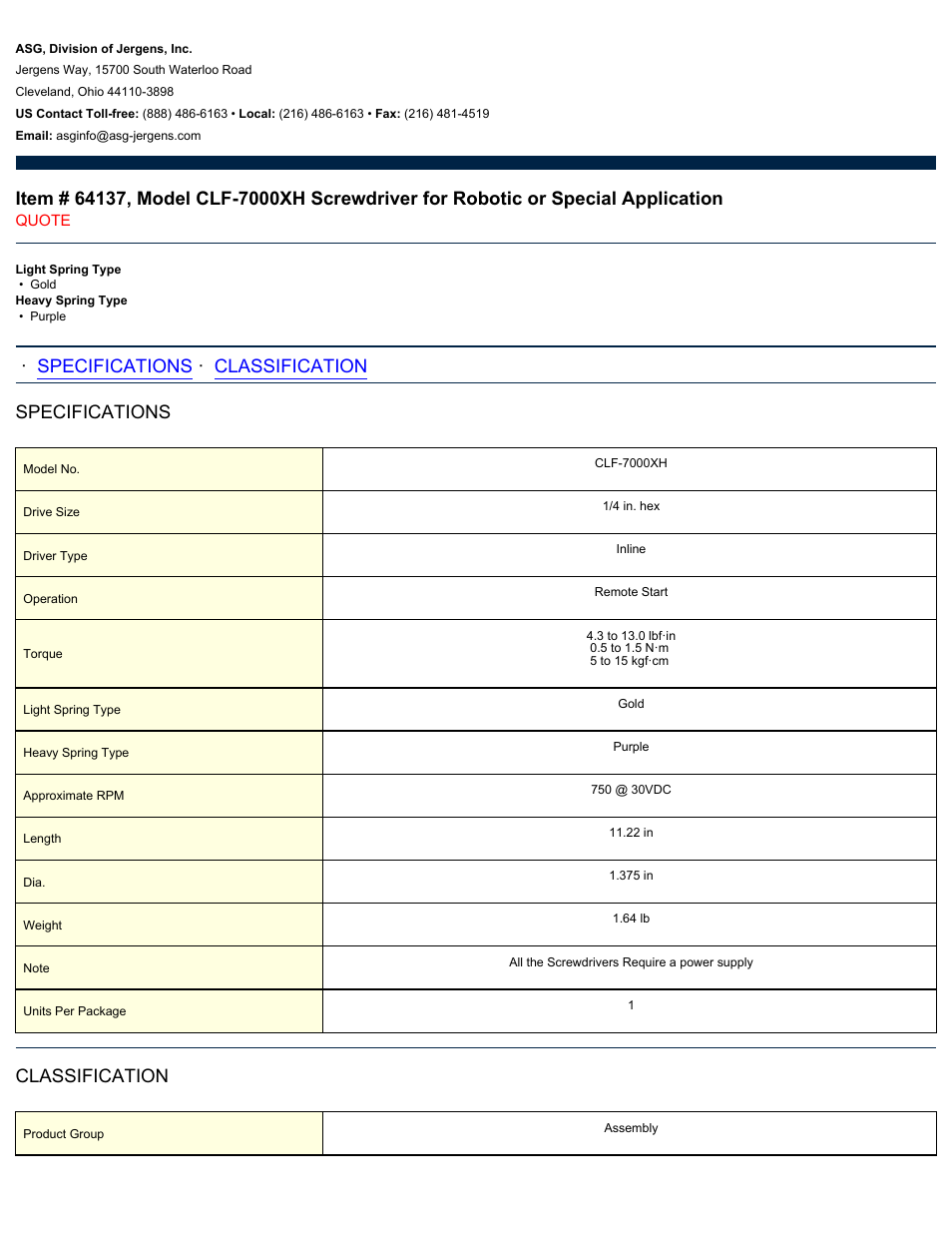 ASG Jergens 64137 CLF-7000XH User Manual | 2 pages
