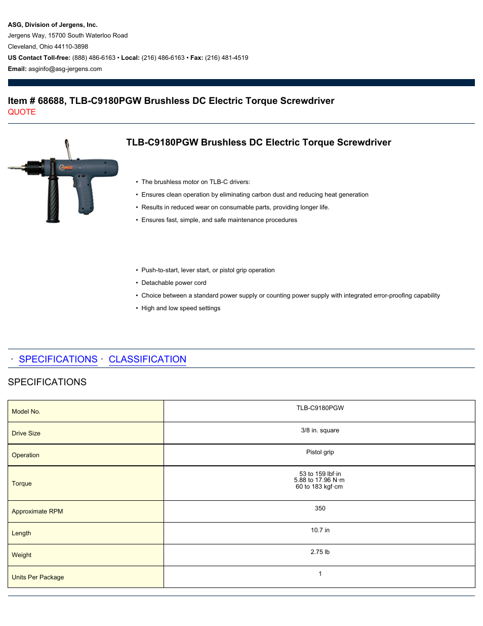 ASG Jergens 68688 TLB-C9180PGW User Manual | 2 pages