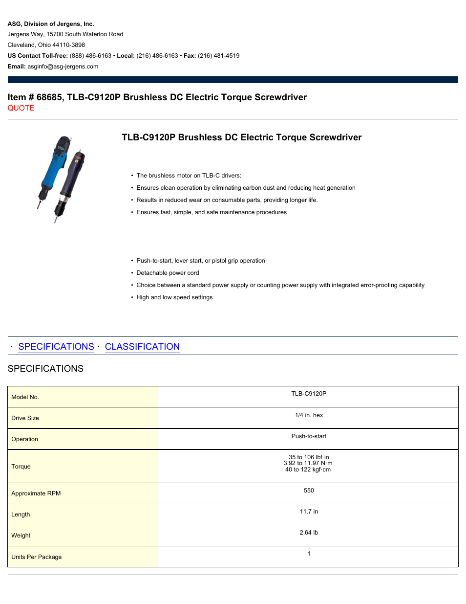 ASG Jergens 68685 TLB-C9120P User Manual | 2 pages