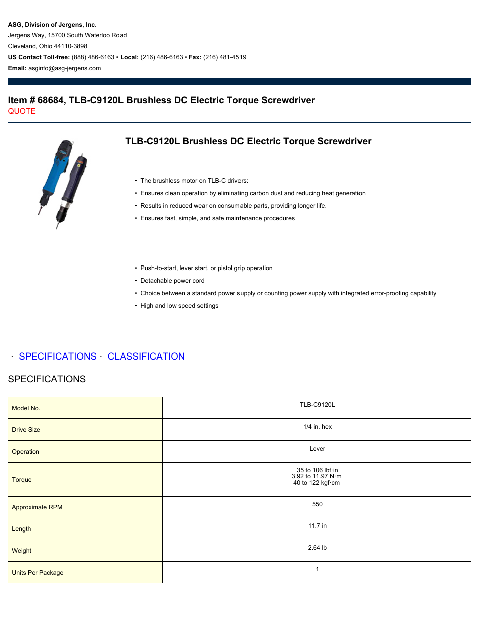 ASG Jergens 68684 TLB-C9120L User Manual | 2 pages