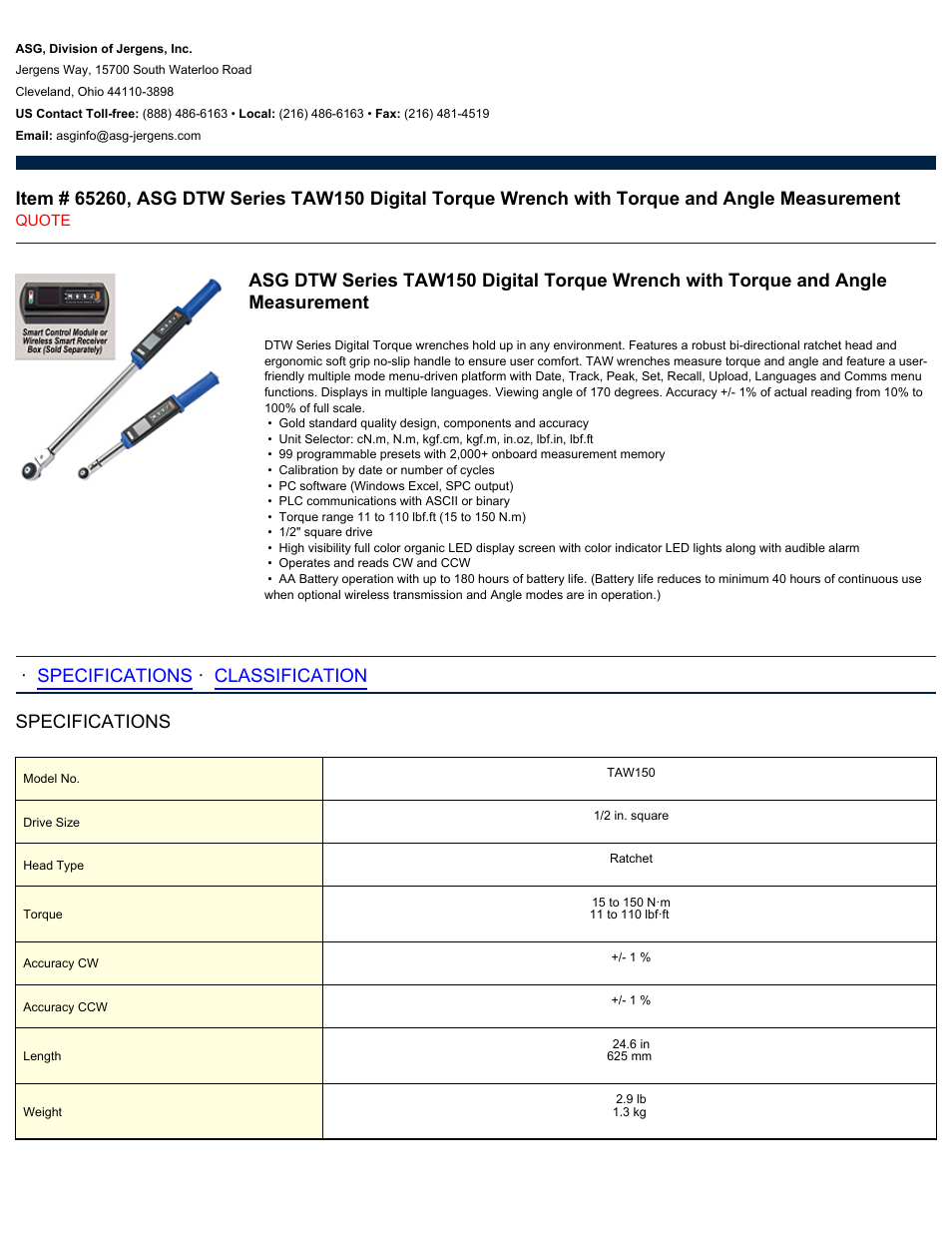 ASG Jergens 65260 TAW150 User Manual | 2 pages