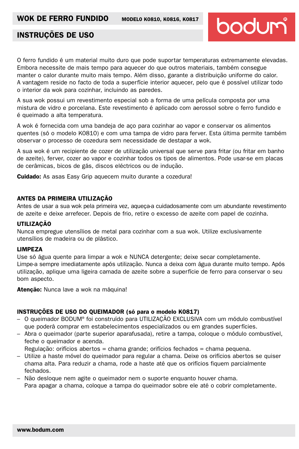 Wok de ferro fundido, Instruções de uso | Bodum K0810 User Manual | Page 10 / 12