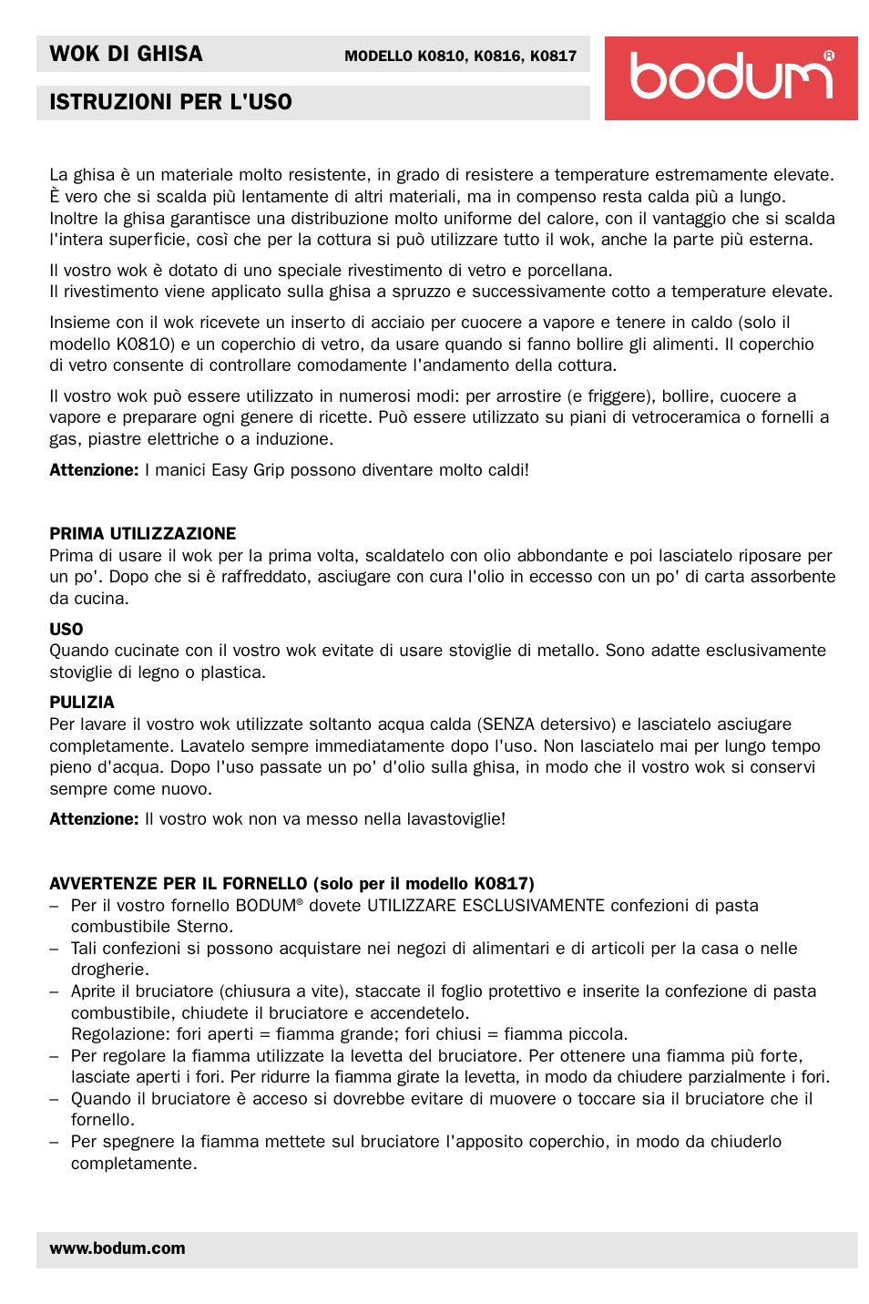 Wok di ghisa, Istruzioni per l'uso | Bodum K0810 User Manual | Page 7 / 12